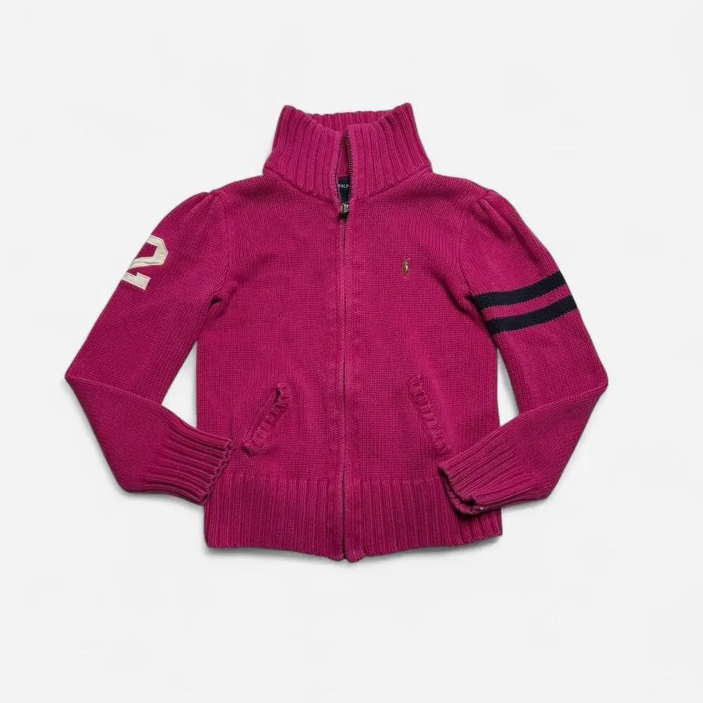 Ralph Lauren Pink Zip Sweater Girls 6X Knit Pony Logo Full Zip